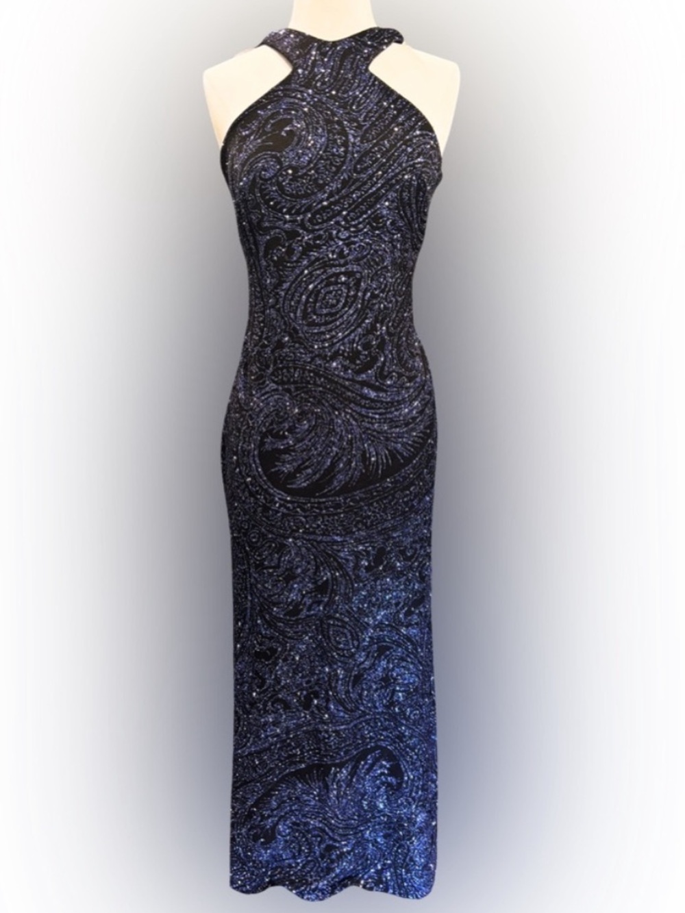 Morgan & Co Black Halter with Blue Glittery Swirl Design, Backless Maxi Dress